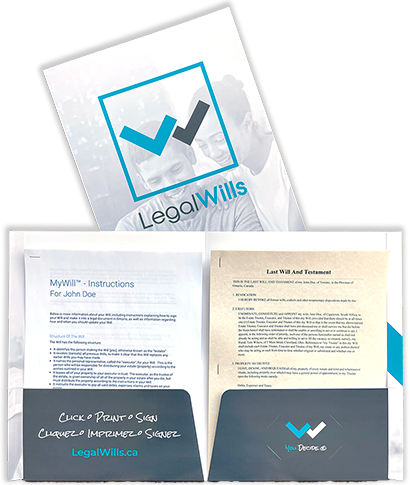 A LegalWills folder from Print & Ship, holding a printed Will on parchment paper and its signing instructions